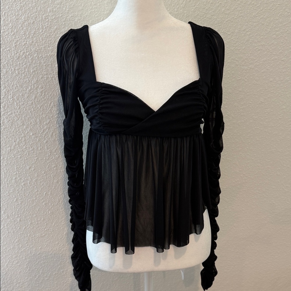 Urban Outfitters Black Ruched Long-Sleeve Peplum Blouse
